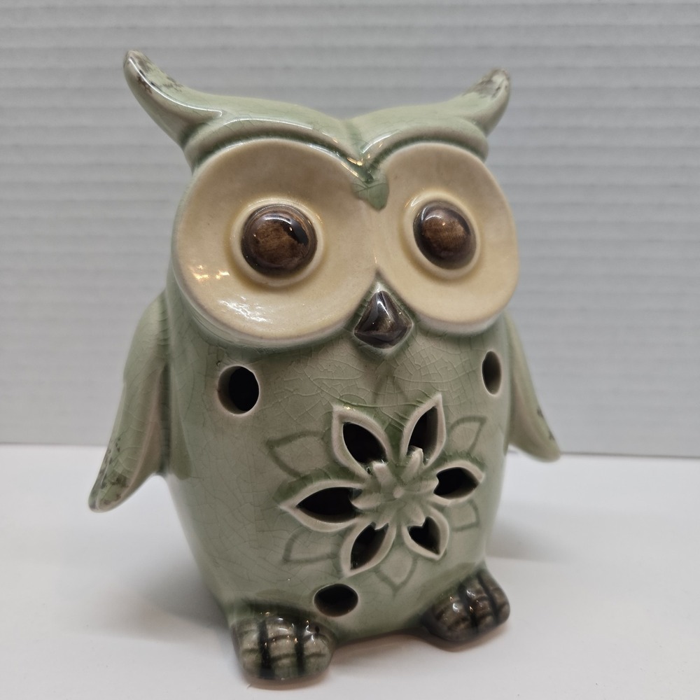 VTG Green CottageCore Ceramic Owl Potpourri Tea Light Glazed & Crazed rustic EUC